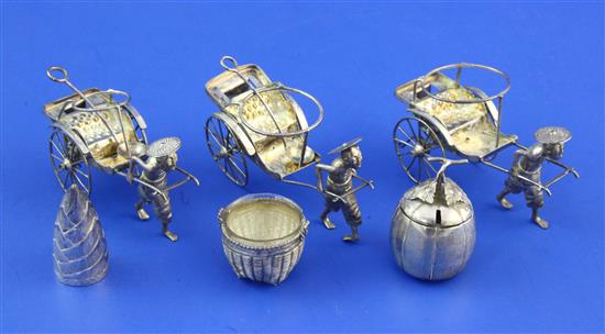 Three Chinese silver condiment holders modelled as rickshaws, length 3.5in.